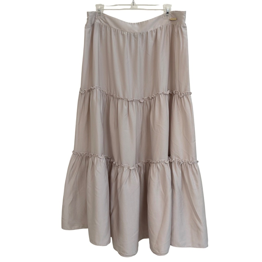 Marc New York Andrew Marc Champagne Beige Tiered Maxi Skirt XL Satin Ruffle Boho